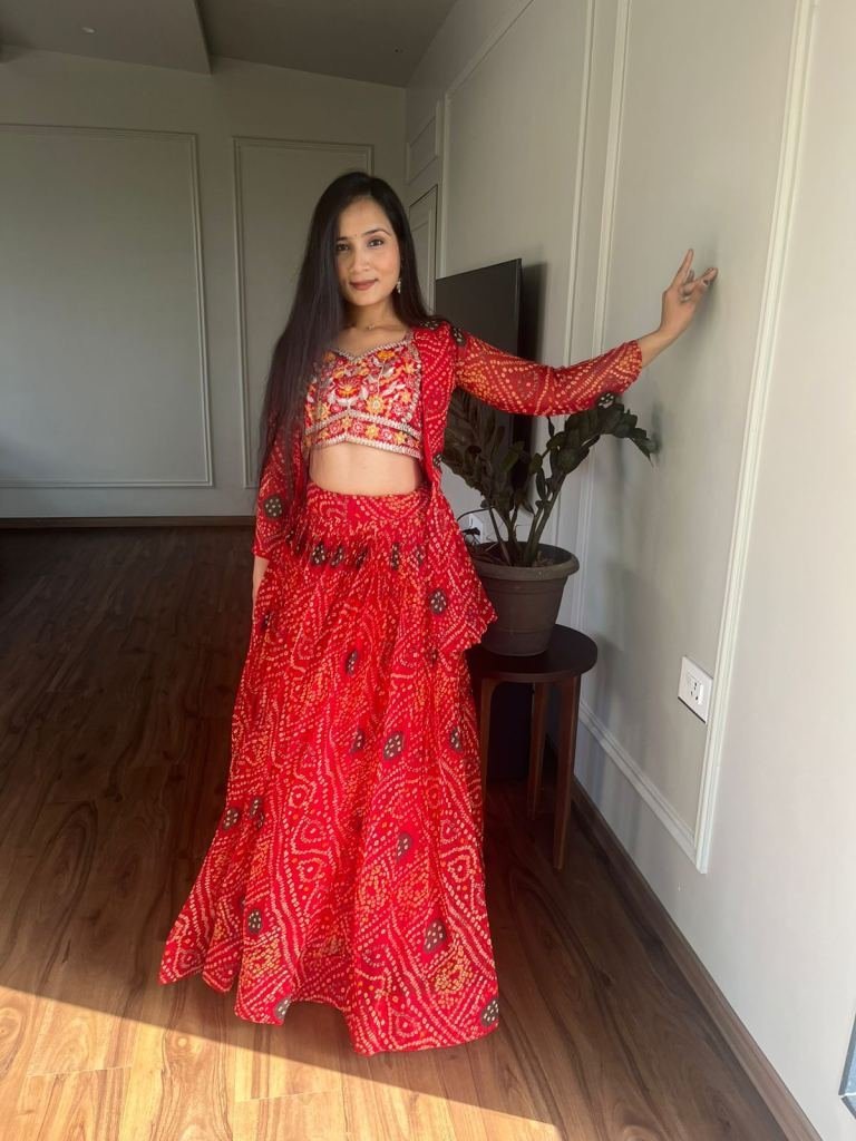 party wear heavy embroidery wo 1735550971 Party Wear Heavy Embroidery Work Pure Bandhej Lehenga Choli With Jacket