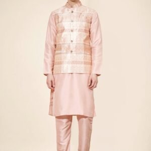 Party Wear Hex Peach Plain Pure Silk Kurta With Jacquard Koti Set