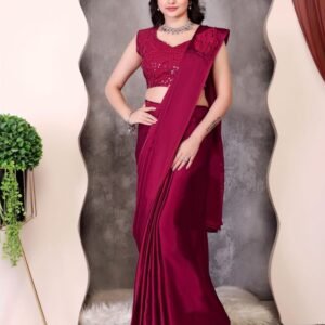 Party Wear Maroon Embroidery Sequence Work Ready To Wear Saree