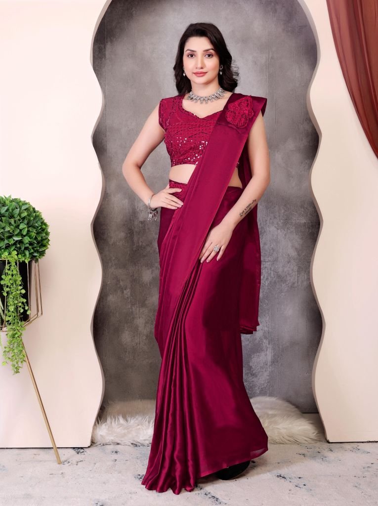 party wear maroon embroidery s 1747133742 Party Wear Maroon Embroidery Sequence Work Ready To Wear Saree