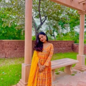 Party Wear Muslin Cotton Orange Gown Digital Printed
