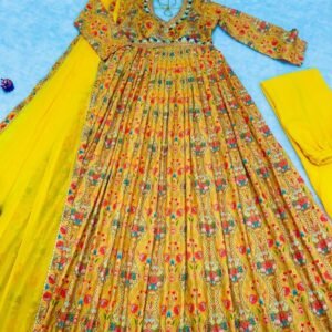 Party Wear Muslin Cotton Yellow Gown Digital Printed