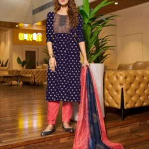 Party Wear Navy Blue Neck Work Rayon Kurtis Set With Chanderi Dupatta