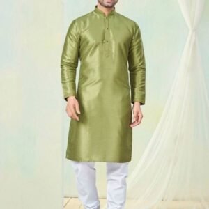 Party Wear Olive Plain Pure Silk Men Kurta Pajama