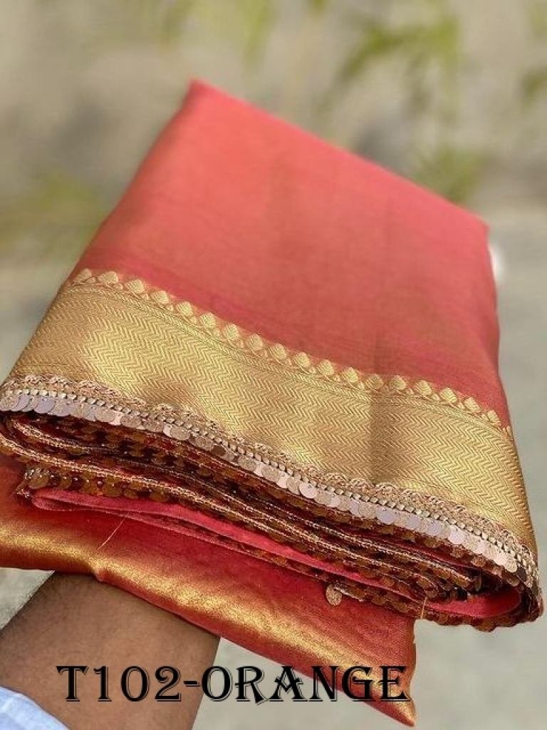 party wear orange glass tissue 1718778796 Party Wear Orange Glass Tissue Silk Saree