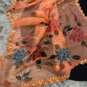 Party Wear Organza Orange Saree With Raw Silk Blouse