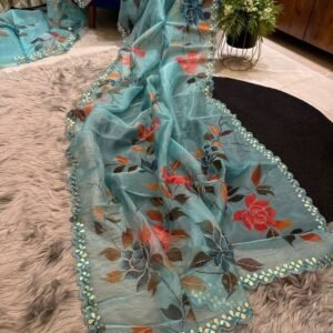 Party Wear Organza Sky Blue Saree With Raw Silk Blouse