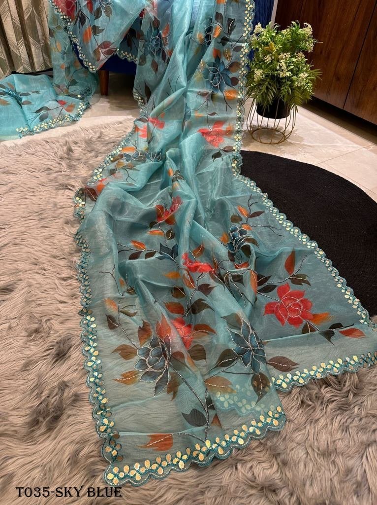 party wear organza sky blue sa 1718088164 Party Wear Organza Sky Blue Saree With Raw Silk Blouse