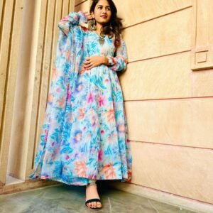 Party Wear Organza Taby Silk Gown With Dupatta And Bottom