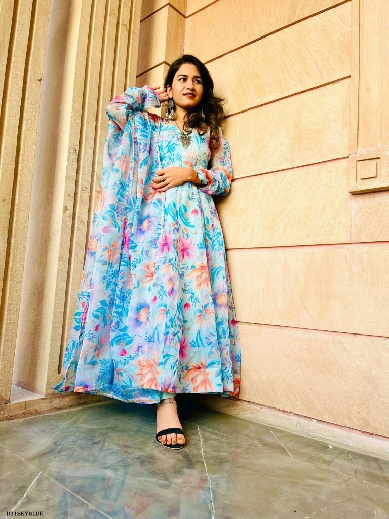 party wear organza taby silk g 1719565602 Party Wear Organza Taby Silk Gown With Dupatta And Bottom