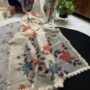 Party Wear Organza White Saree With Raw Silk Blouse