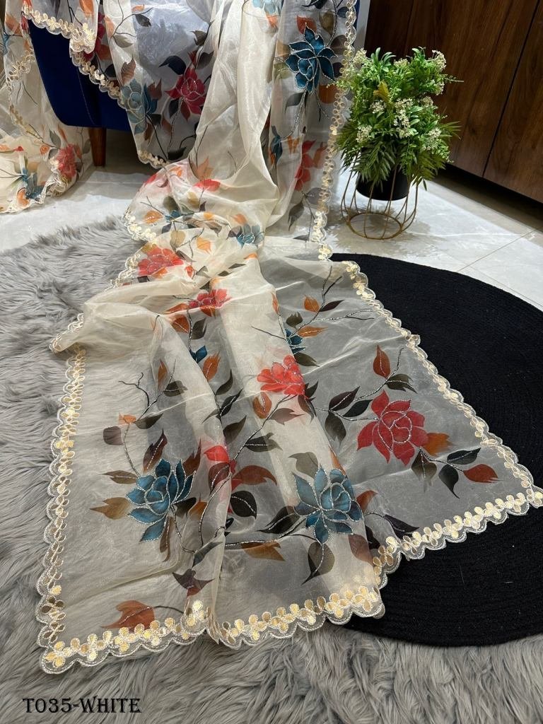 party wear organza white saree 1718087948 Party Wear Organza White Saree With Raw Silk Blouse