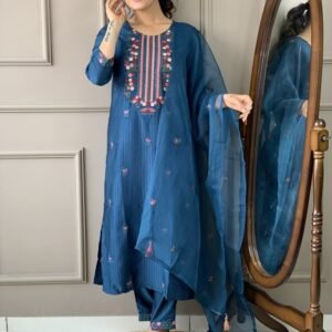 Party Wear Petrol Blue Viscose Rayon 3pcs Kurti Set