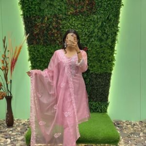 Party Wear Pink Organza Suit With Pant And Dupatta Set