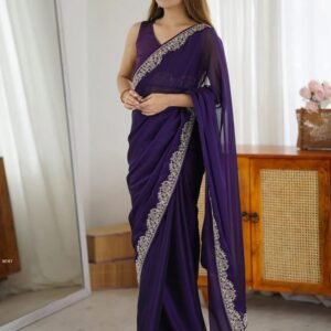 Party Wear Purple Embroidery Border Saree With Unstitch Blouse