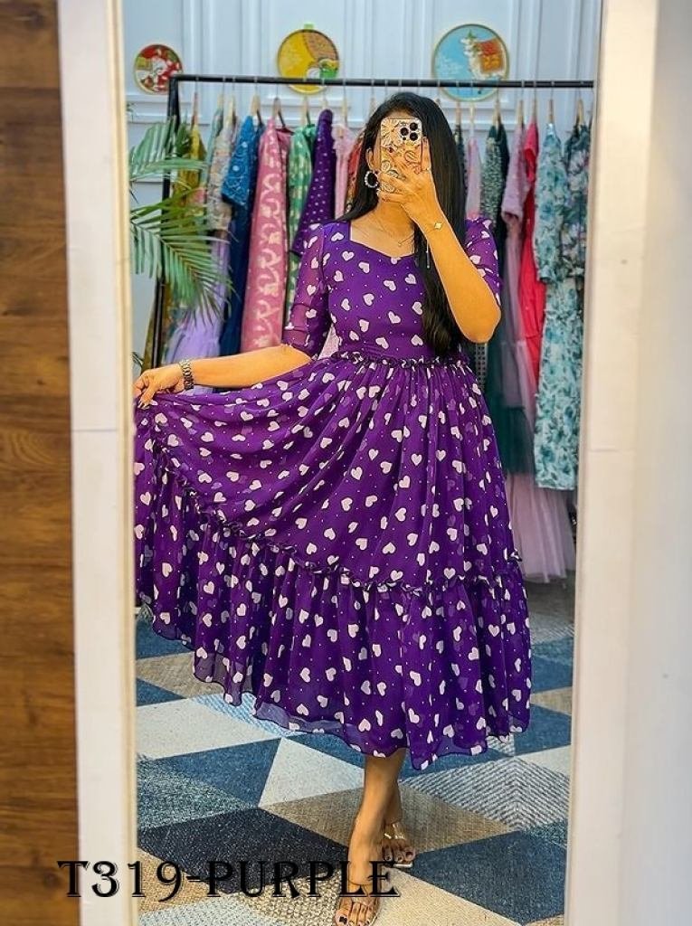 party wear purple georgette sh 1723712638 Party Wear Purple Georgette Short Sleeve Gown