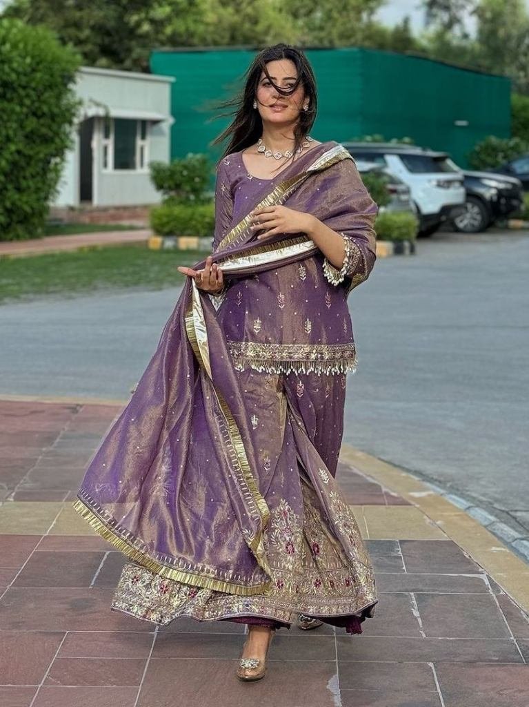 party wear readymade gold net 1727860444 Party Wear Readymade Purple Net Top And Plazo Set