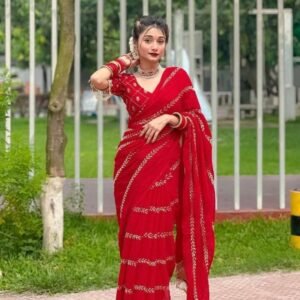 Party Wear Red Embroidered Georgette Saree