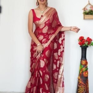 Party Wear Red Lichi Silk Ready To Wear Saree