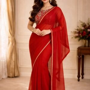 Party Wear Red Saree With Embroidery Blouse
