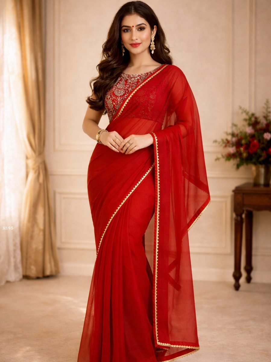 party wear red saree with embr 1770189319 Party Wear Red Saree With Embroidery Blouse
