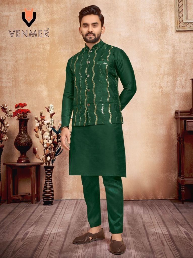 party wear silk green kurta an 1728648985 Party Wear Silk Green Kurta And Pyjama With Koti