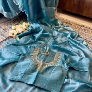 Party Wear Sky Blue jimmy choo Silk saree with Readymade Blouse