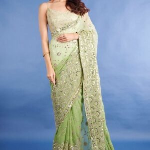 Party Wear Soft Georgette Embroidery Pista Green Saree