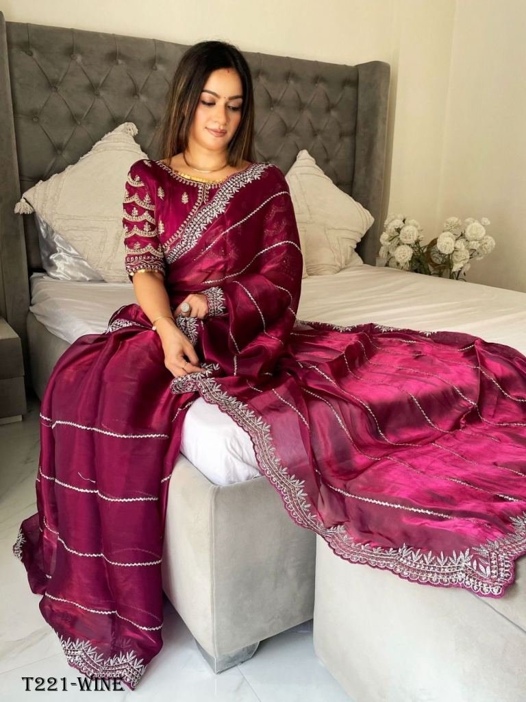 party wear wine zimmy choo han 1720786295 Party Wear Wine Zimmy Choo Handwork Satin Saree