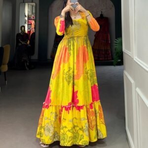 Party Wear Yellow Georgette Short Sleev Gown