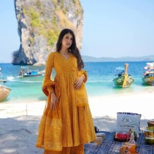 Party Wear Yellow Pure Muslin With Digital Print Kurti Pant Dupatta Set