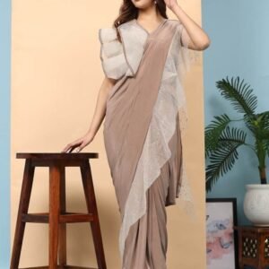 Partywear Coffee Ruffle Border Ready To Wear Saree With Stitched Blouse