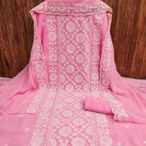 Peach Attractive Thread Work Georgette Three Piece Unstitch Suits