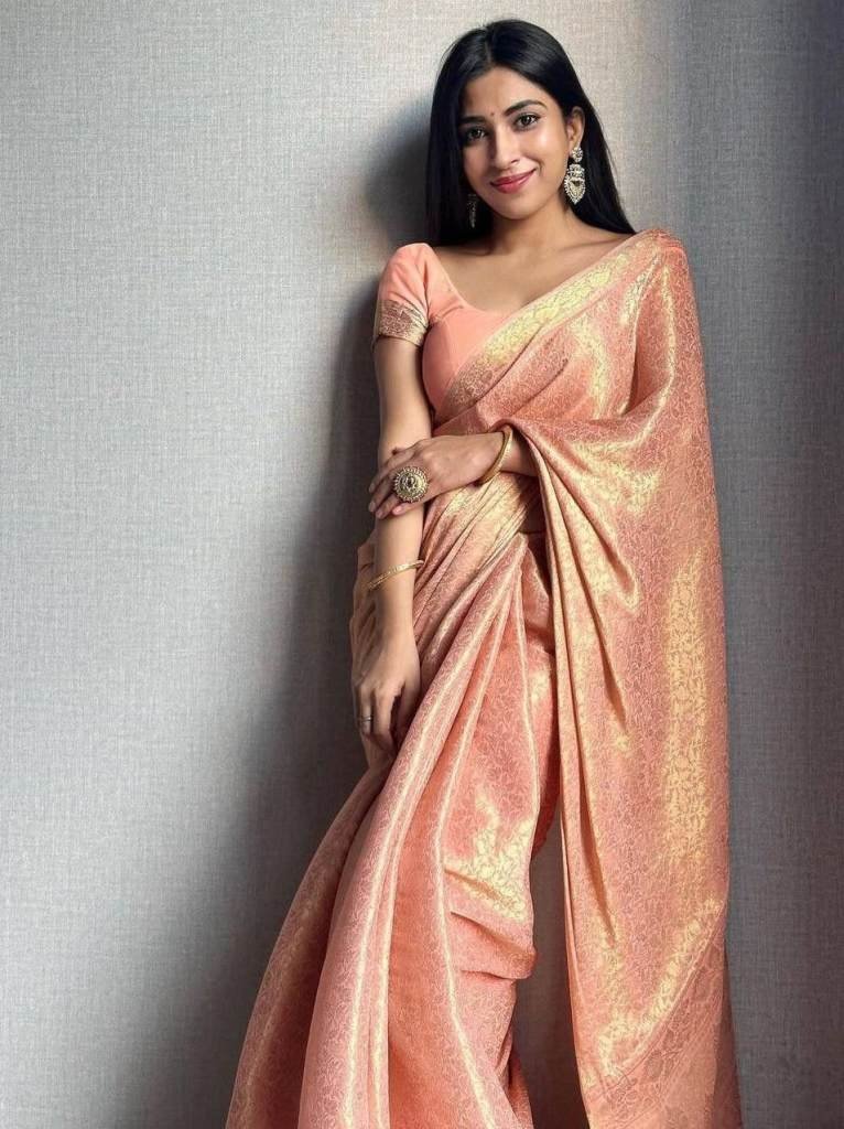 peach banarasi soft silk saree 1711799353 Peach Banarasi Soft Silk Saree with Brocade Blouse