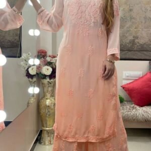 Peach Chain Stitch Work Designer Palazo Suits
