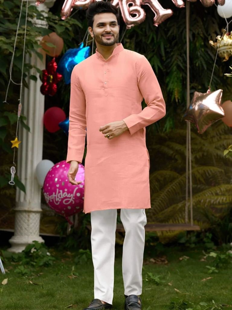 peach color plain cotton kurta 1727785066 Peach Color Plain Cotton Kurta And Pyjama