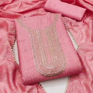 Peach Designer Chanderi Unstitched Suits With Crosset Work