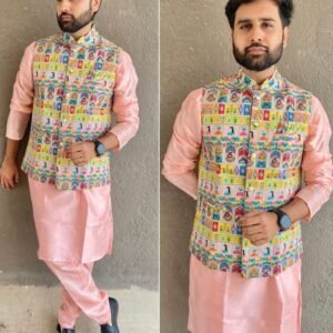 Peach Designer Koti With Silk Kurta Set