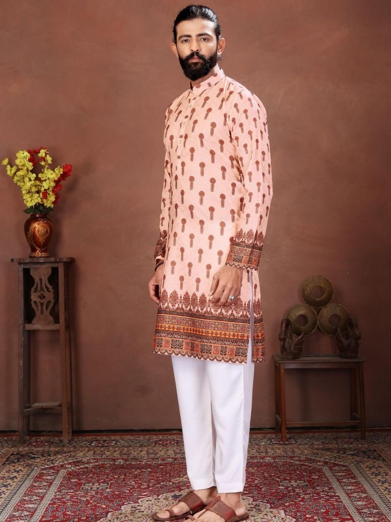 peach ethnic royale printed me 1765276011 Peach Ethnic Royale Printed Mens Kurta