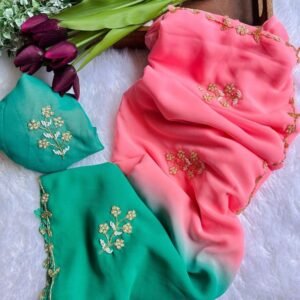 Peach Exclusive Duel Shade Hand Work Georgette Saree