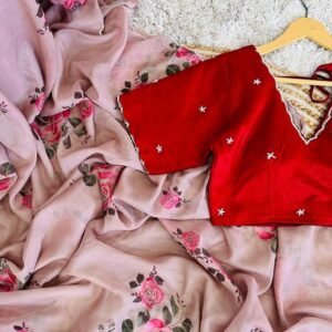 Peach Fancy Handwork Soft Dhahi Silk Organza Saree With Readymade Blouse