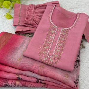 Peach Fancy Neck Handwork Work Roman Silk Kurtis Set With Dupatta