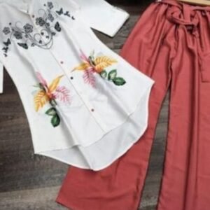 Peach Full Stitch Printed Cotton Top With Plazo