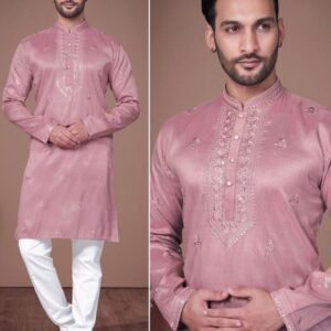 Peach Function Wear Heavy Embroidery Work Silk Men Kurta With Payjama