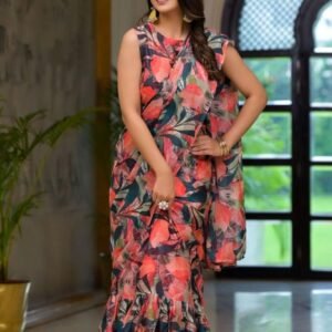 Peach Latest Floral Printed Georgette Gown Saree