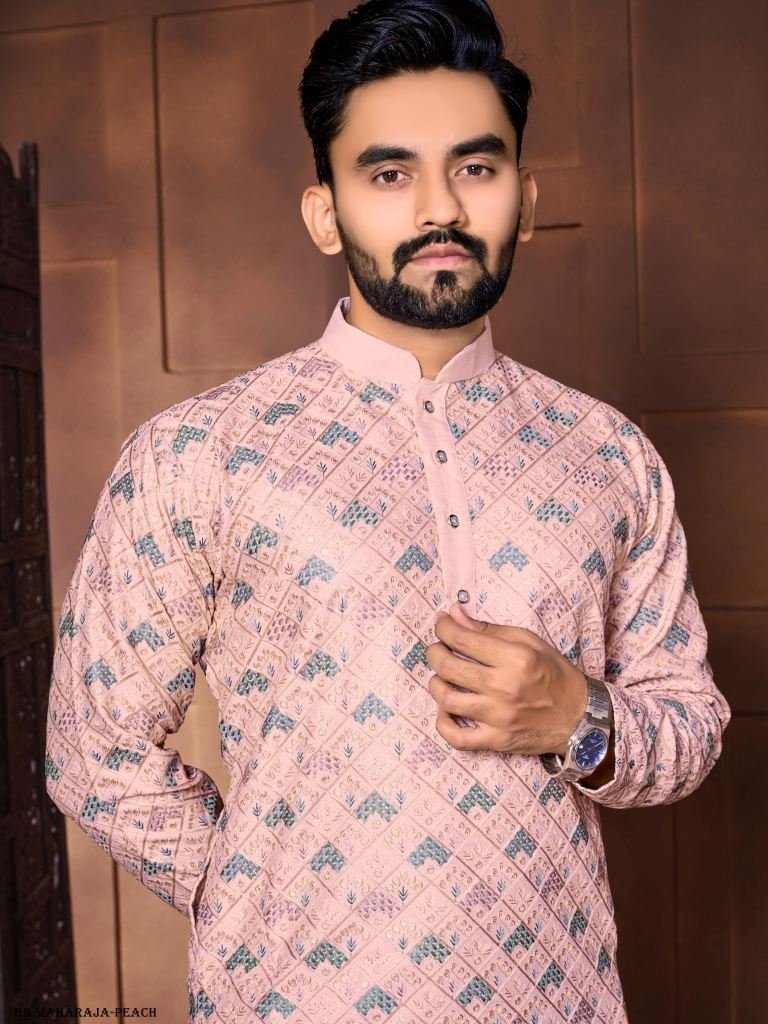 peach maharaja emrboidered ita 1717075506 Peach Maharaja Emrboidered Italian Silk Men Kurta With Pajama
