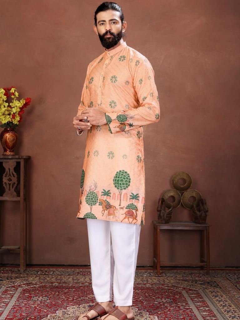 peach royal heritage printed m 1765275017 Peach Royal Heritage Printed Mens Kurta