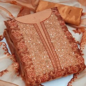 Peach Sequense Work Organza Dress Material