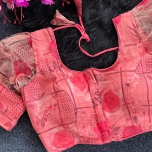 Peach Sobha Flower Printed Organza Readymade Blouse