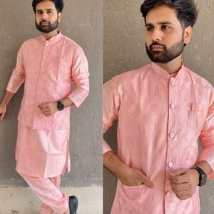 Peach Stylish Banglori Silk Men Kurta Pant With Koti